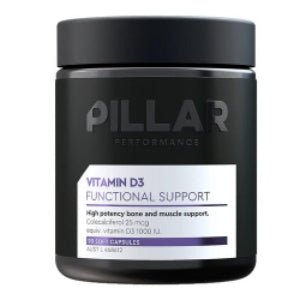 A black supplement jar of PILLAR Performance Vitamin D3 Functional Support with a white and purple label, on a white background.